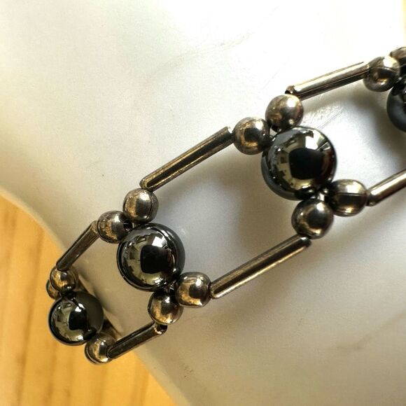 Vintage  Hematite & Silver-Tone Beaded Bracelet - Picture 3 of 9
